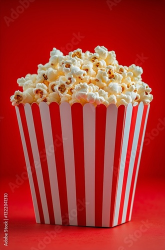 Freshly Popped Popcorn in a Red and White Striped Container on a Festive Back...