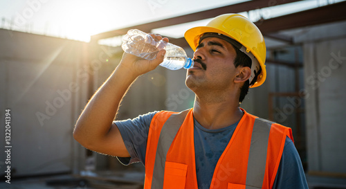 A Construction Worker Takes A Refreshing Drink Of Water On A Hot Day, Sunlight Gleaming On His Hard Hat, Sweat Glistening On His Brow, A Testament To His Dedication And Hard Work