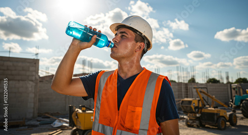 A Hardworking Construction Worker Takes A Refreshing Break, Quenching His Thirst Under The Intense Midday Sun On A Bustling Building Site With Bright Sunlight And Heavy Machinery In The Background