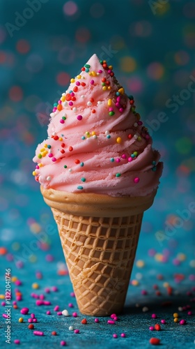 Pink Ice Cream Cone Topped With Colorful Sprinkles Against a Blue Background