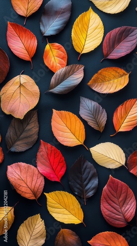 Beautiful Autumn Leaves Arranged on a Black Background Showcasing Vibrant Col...