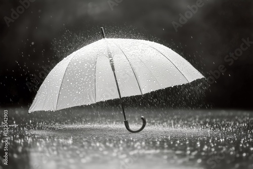 Umbrella Standing Alone in Rain on a Wet Pathway Surrounded by Greenery