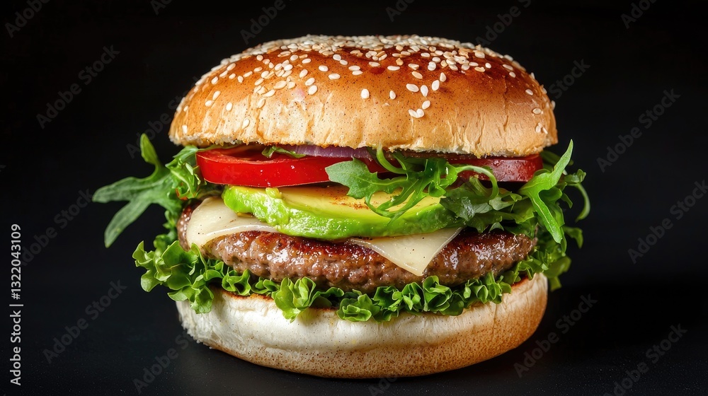 A vegan burger with fresh greens and avocado, isolated against a deep black background. A vegan burger with fresh greens and avocado, isolated against a deep black background.