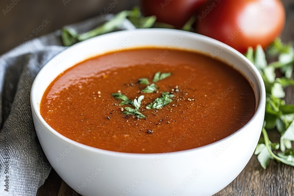 Fresh Tomato Soup with Herbs in a White Bowl on Wooden Surface Fresh Tomato Soup with Herbs in a White Bowl on Wooden Surface