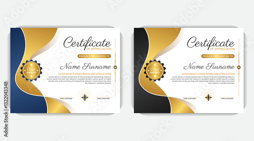 Print ready Certificate template, Certificate of Creative layout, with right align all content and left sided creative abstract design, elegant blue and gold diploma certificate template

