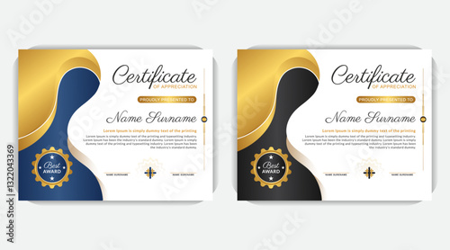 Print ready Certificate template, Colorful layout, with right align all content and left sided modern abstract design, elegant blue and gold diploma certificate template
