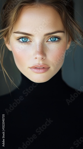 Model Showcases Striking Blue Eyes in a Close-Up Portrait During a Natural Li...