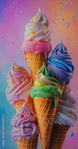 Colorful Ice Cream Cones Stacked Against a Vibrant Background With Playful Sp...