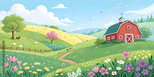 Rural Landscape with Red Barn and Grazing Sheep. Raster illustration 