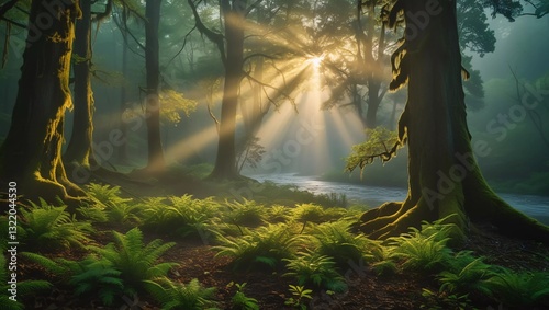 Sunrise in the misty forest with sunbeams shining through the trees