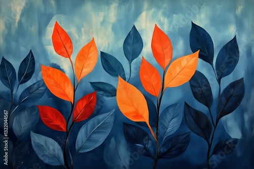 Vibrant Leaves Against a Blue Background Create a Striking Visual in Modern D...