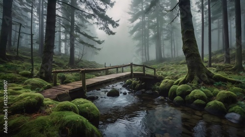 Morning in the forest with a flowing river and lush greenery