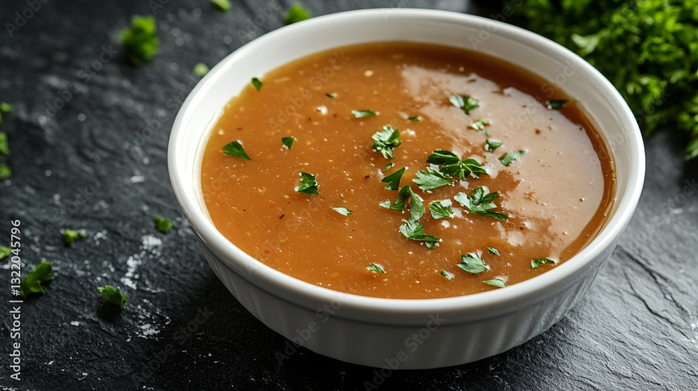 Golden-brown turkey gravy in a classic white dish, garnished with finely chopped parsley, set against a dark slate background Golden-brown turkey gravy in a classic white dish, garnished with finely chopped parsley, set against a dark slate background