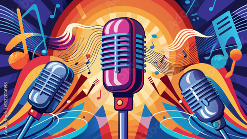 Dynamic vintage microphones with musical notes creating an energetic atmosphere in a creative design setting
