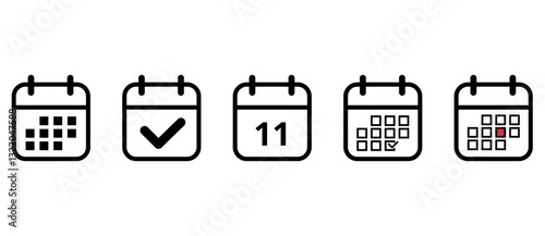 Collection of black calendar icons in openwork outline on transparent background for websites and graphic resources, calendar icon with specific day marked, day 11.