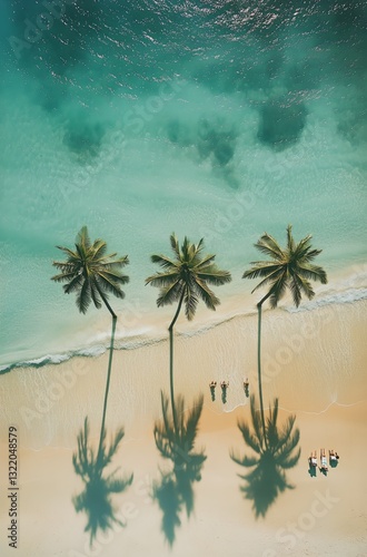 Sunny Beach Day With Palm Trees and People Enjoying the Shoreline