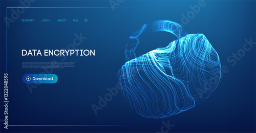 Futuristic abstract digital lock representing data encryption and cyber security in blue tones