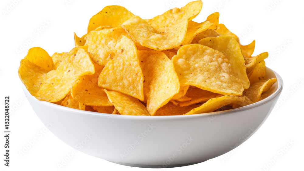 White bowl overflowing with delicious crispy tortilla chips on transparent background White bowl overflowing with delicious crispy tortilla chips on transparent background