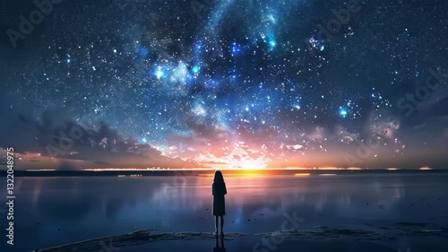 Wallpaper Mural A woman stands on a beach at night, looking out at the stars. The sky is filled with stars, and the water is calm. The scene is peaceful and serene, and the woman seems to be lost in thought Torontodigital.ca