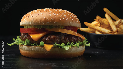 Juicy cheeseburger with melting cheese, lettuce, tomato, and pickles on a sesame seed bun.