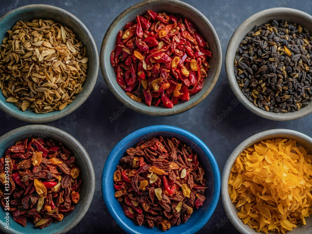 Colorful chili flakes and black pepper displayed in small bowls, showcasing their distinct colors and textures Colorful chili flakes and black pepper displayed in small bowls, showcasing their distinct colors and textures
