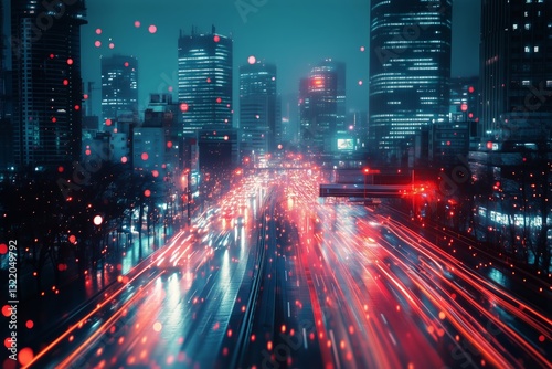 Vibrant Nighttime Cityscape With Neon Lights and Bustling Traffic in an Urban...
