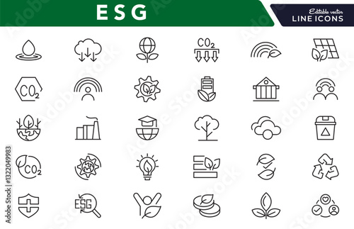 ESG line icon set. Social governance, risk, ecology, Environmental, Social, and Governance, solar panels, recycling, green city, net zero, financial performance line icon set. UI thin line icon pack.