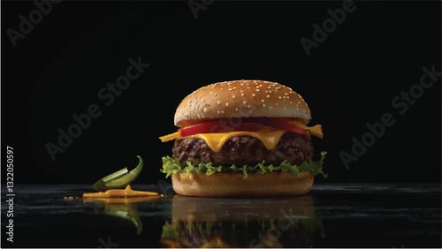Classic cheeseburger with jalapeño on a dark reflective surface.
