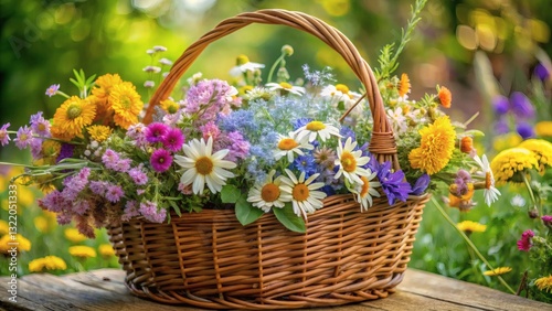 Colorful Flowers in Wicker Basket