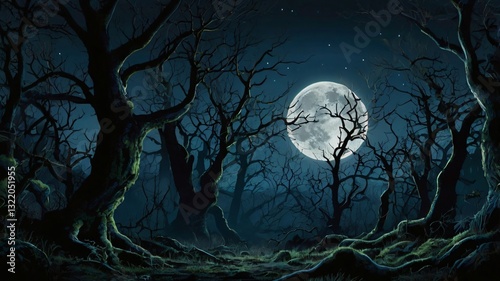 Bright full moon illuminating twisted trees in eerie night forest