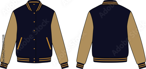 Bomber Jacket Flat Vector Illustration, Varsity Jacket Mockup Varsity Jacket Fashion Flat Template, black and olive colour