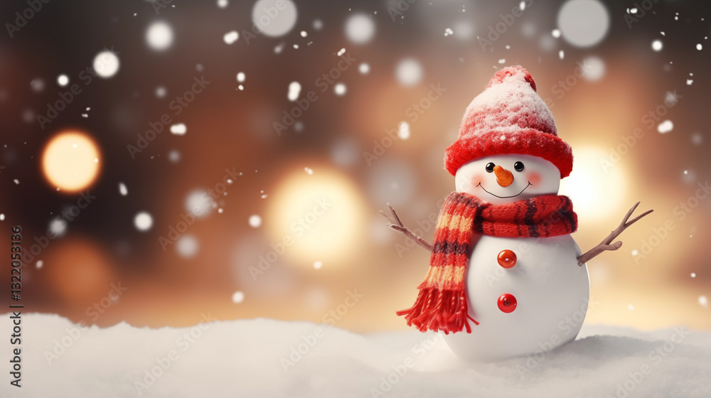 Cheerful Snowman with Scarf and Hat in Snowy Winter Scene Cheerful Snowman with Scarf and Hat in Snowy Winter Scene