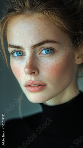 Model Showcases Striking Blue Eyes in a Close-Up Portrait During a Natural Li...