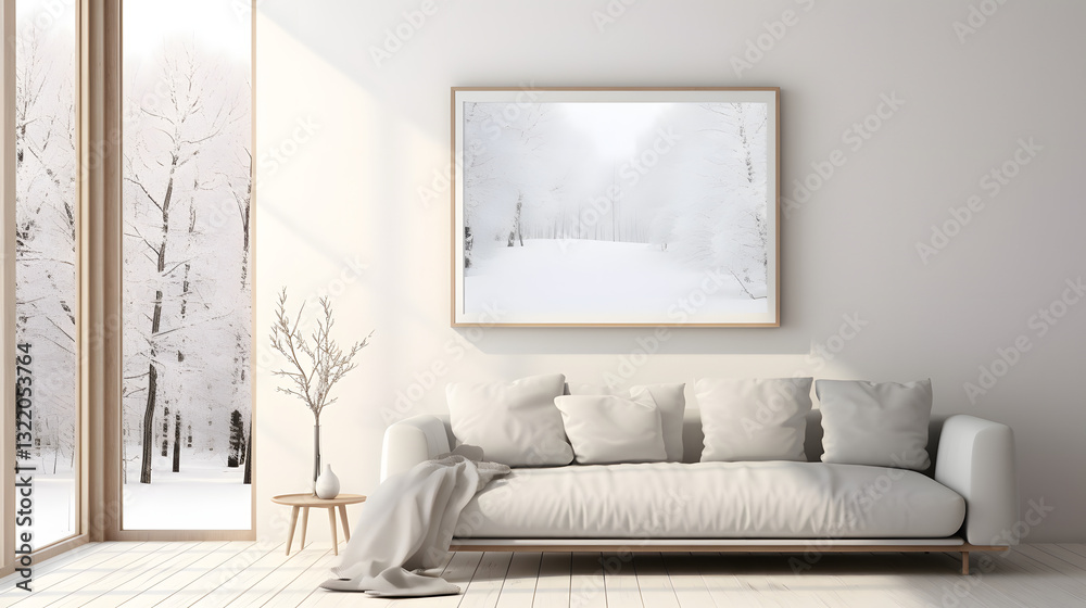 Fototapeta premium A white couch is in a room with a large picture on the wall