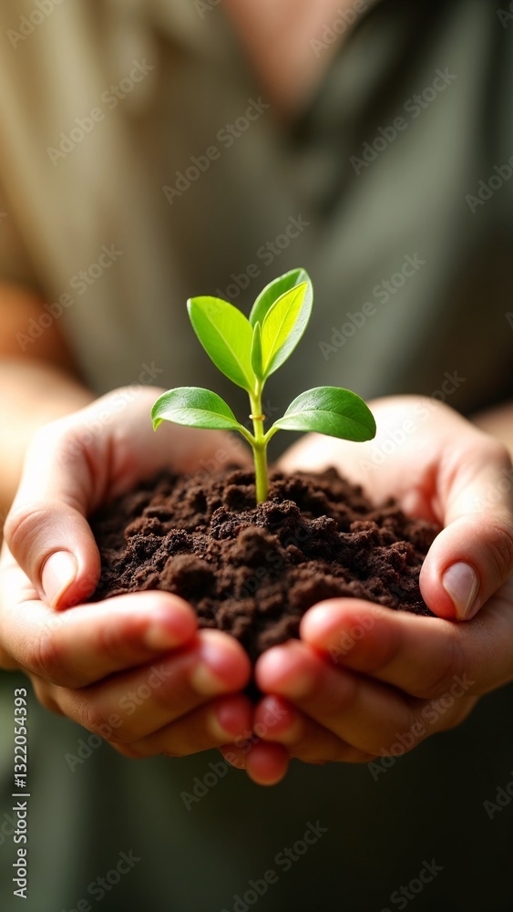 A person holding a small plant in their hands. A person holding a small plant in their hands.