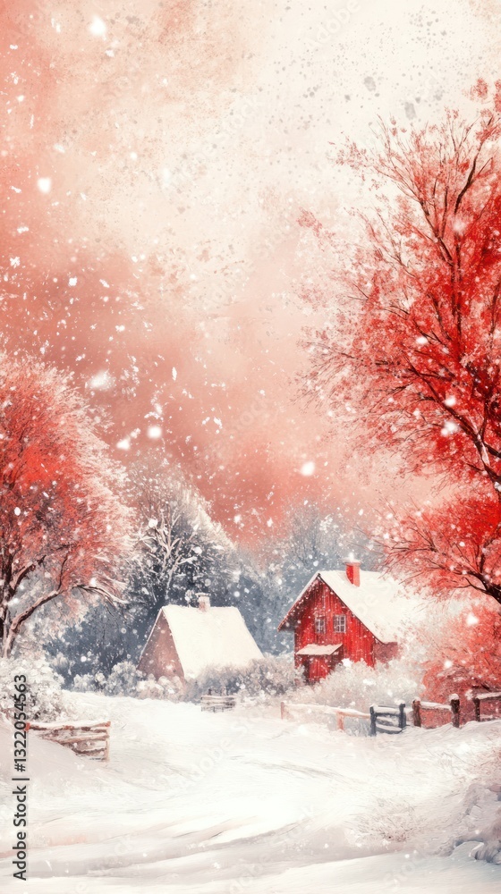 Naklejka premium A snowy winter scene with two red houses and trees