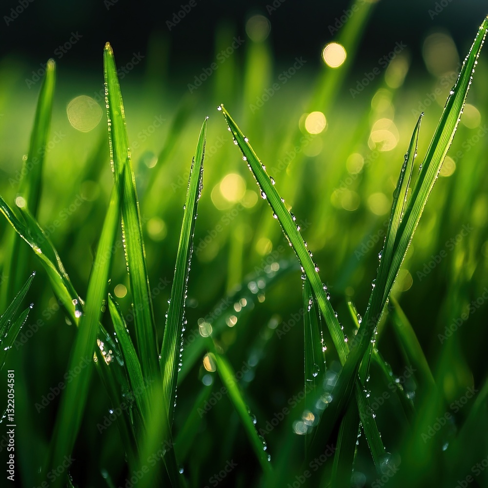 Fototapeta premium Close-up of vibrant green grass blades with morning dew glistening in soft sunlight, capturing purity, renewal, and the quiet poetry of nature.