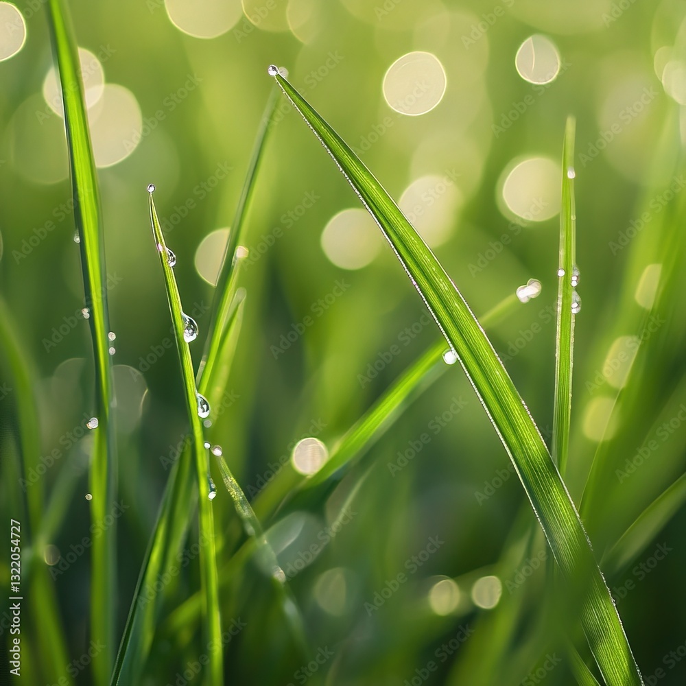 Fototapeta premium Close-up of vibrant green grass blades with morning dew glistening in soft sunlight, capturing purity, renewal, and the quiet poetry of nature.