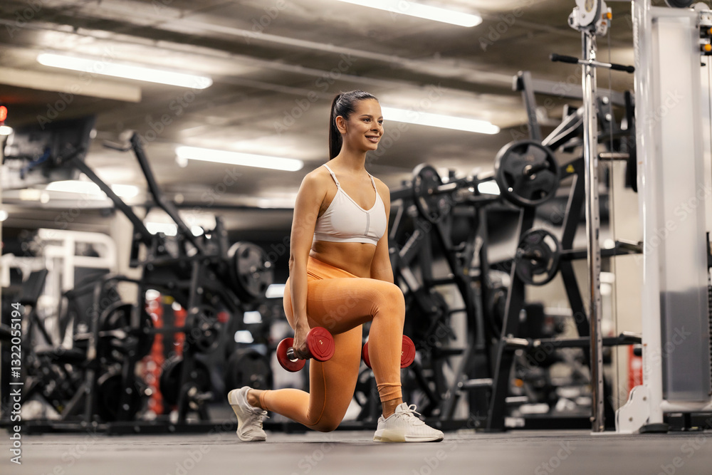 Full length of smiling strong sportswoman doing lunges with dumbbells in hands at gym. Full length of smiling strong sportswoman doing lunges with dumbbells in hands at gym.
