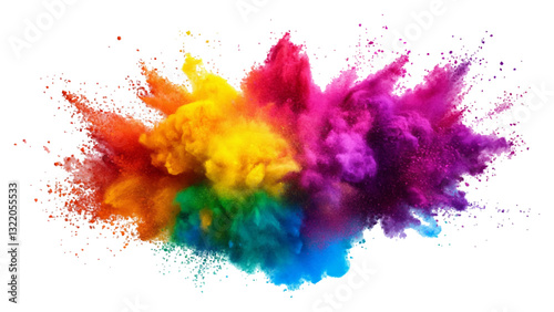 Colorful holi powder on white background. Colorful vibrant rainbow holi paint color powder explosion with bright colors isolated white background.	