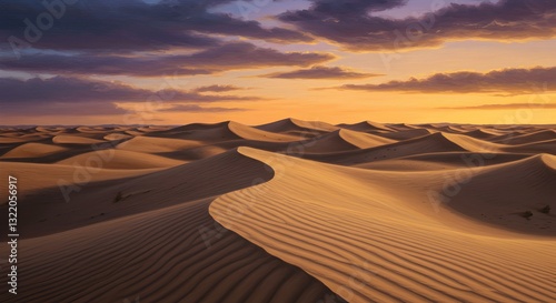 Vast and undulating sand dunes under a dramatic twilight sky, desert landscape