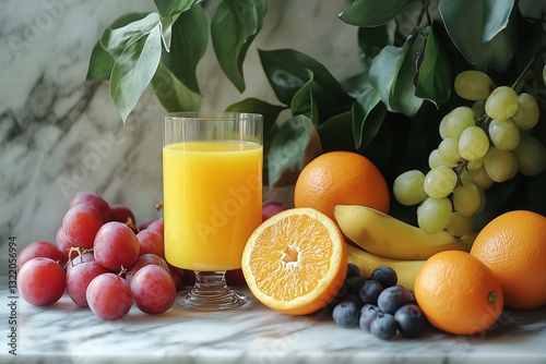 Fresh Fruit Selection With Juice on Marble Counter in Bright Natural Light