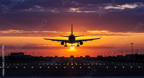 A plane is landing on a runway during a stunning sunset, with the sun positioned directly behind the aircraft
