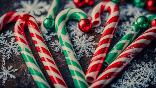 Colorful Christmas candy canes and festive snowflakes photo