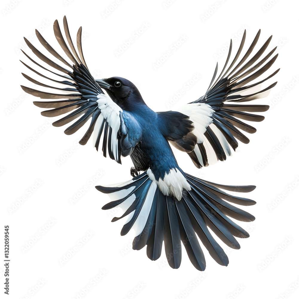 Naklejka premium Realistic Magpie in Flight with Spread Wings on Transparent Background