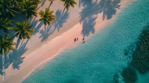 Tropical Shoreline With People Enjoying Sun and Water at a Beach in a Sunny D...
