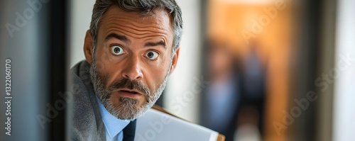 an excited middle-aged man peeking around a corner.