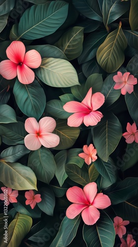Bright Pink Hibiscus Flowers Blooming Among Lush Green Leaves in a Tropical G...
