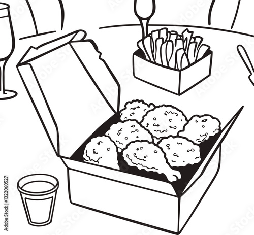Monochrome Illustration of Fast Food Meal with Nuggets and Fries