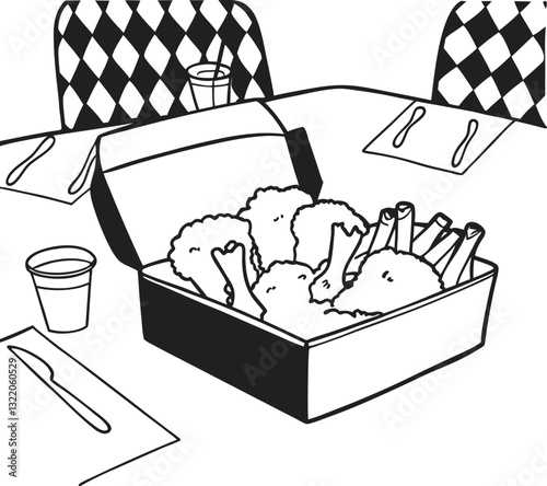 Monochrome Illustration of Fast Food Meal with Nuggets and Fries